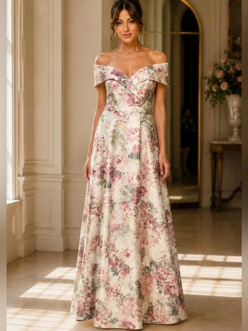 Xscape Gold Multi Floral Jacquard Brocade Off Shoulder Gown
